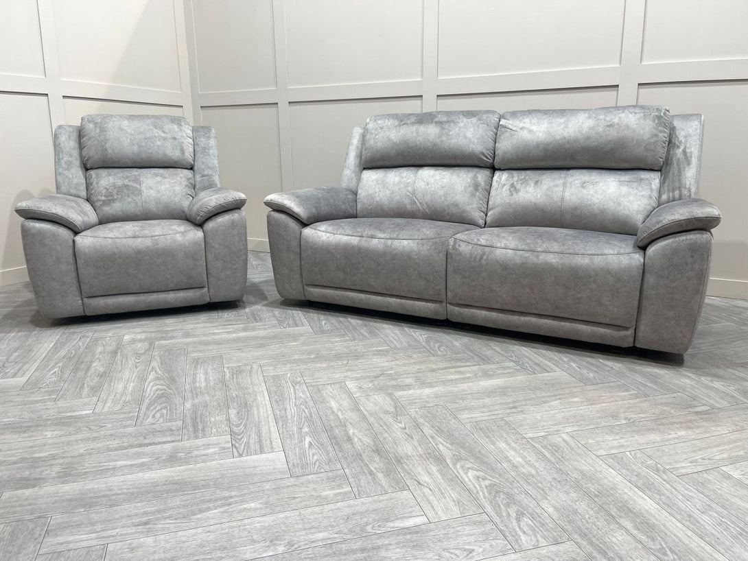 Utah Power Reclining 3 Seater Sofa & Armchair - Power Lumber/Headrests - Silver Grey