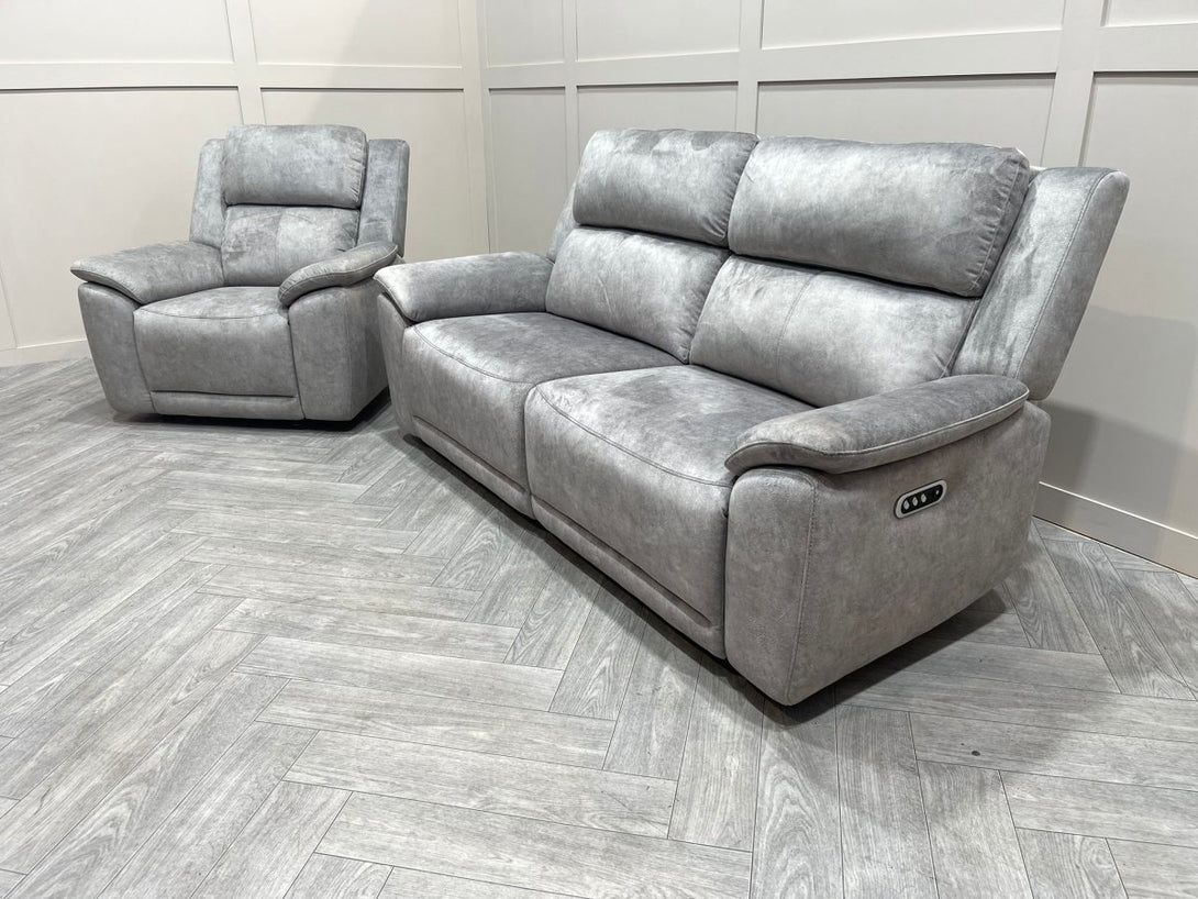 Utah Power Reclining 3 Seater Sofa & Armchair - Power Lumber/Headrests - Silver Grey