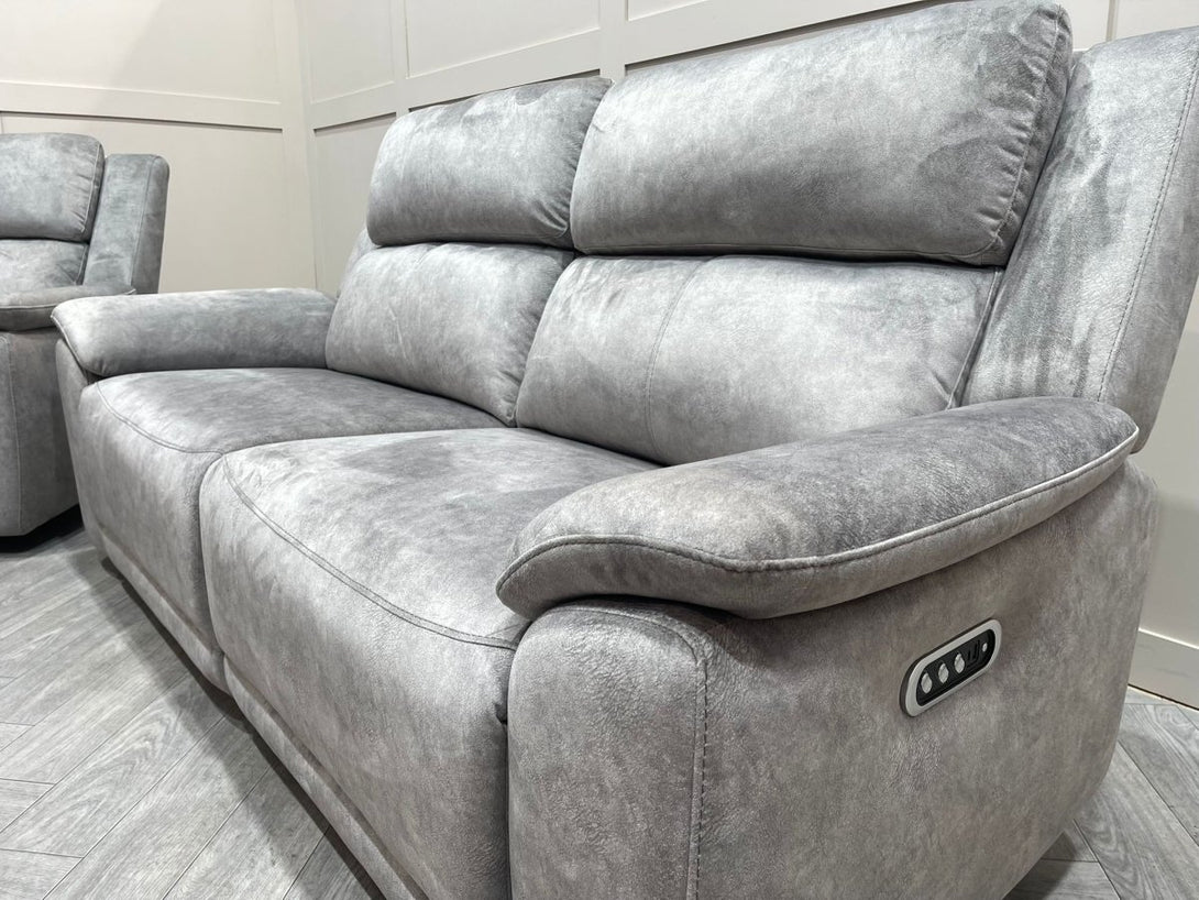 Utah Power Reclining 3 Seater Sofa & Armchair - Power Lumber/Headrests - Silver Grey