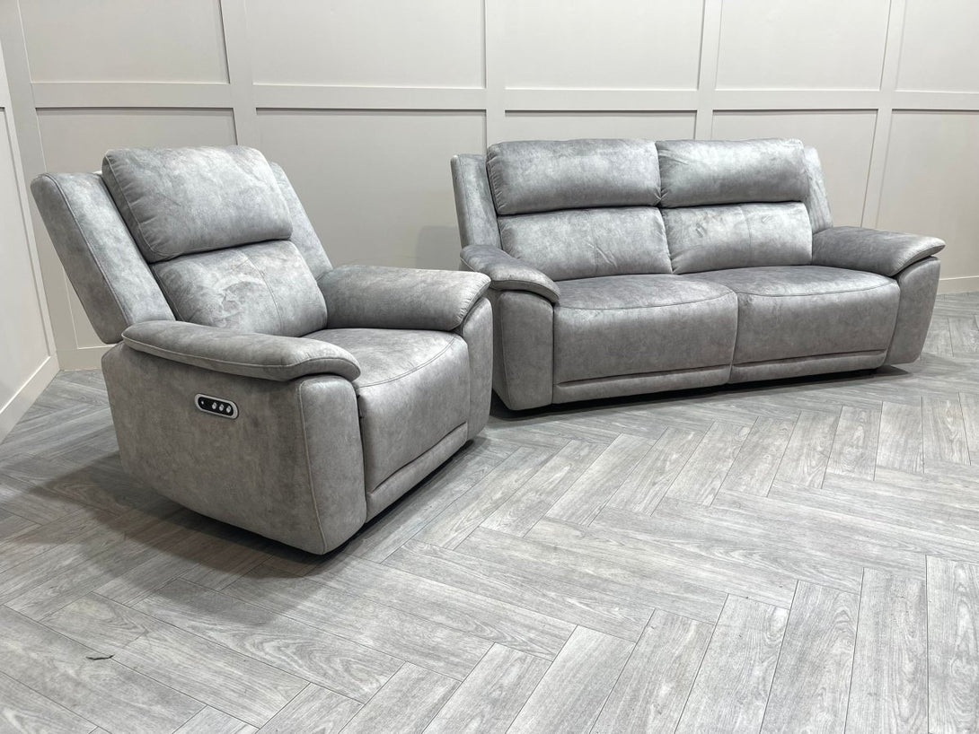 Utah Power Reclining 3 Seater Sofa & Armchair - Power Lumber/Headrests - Silver Grey