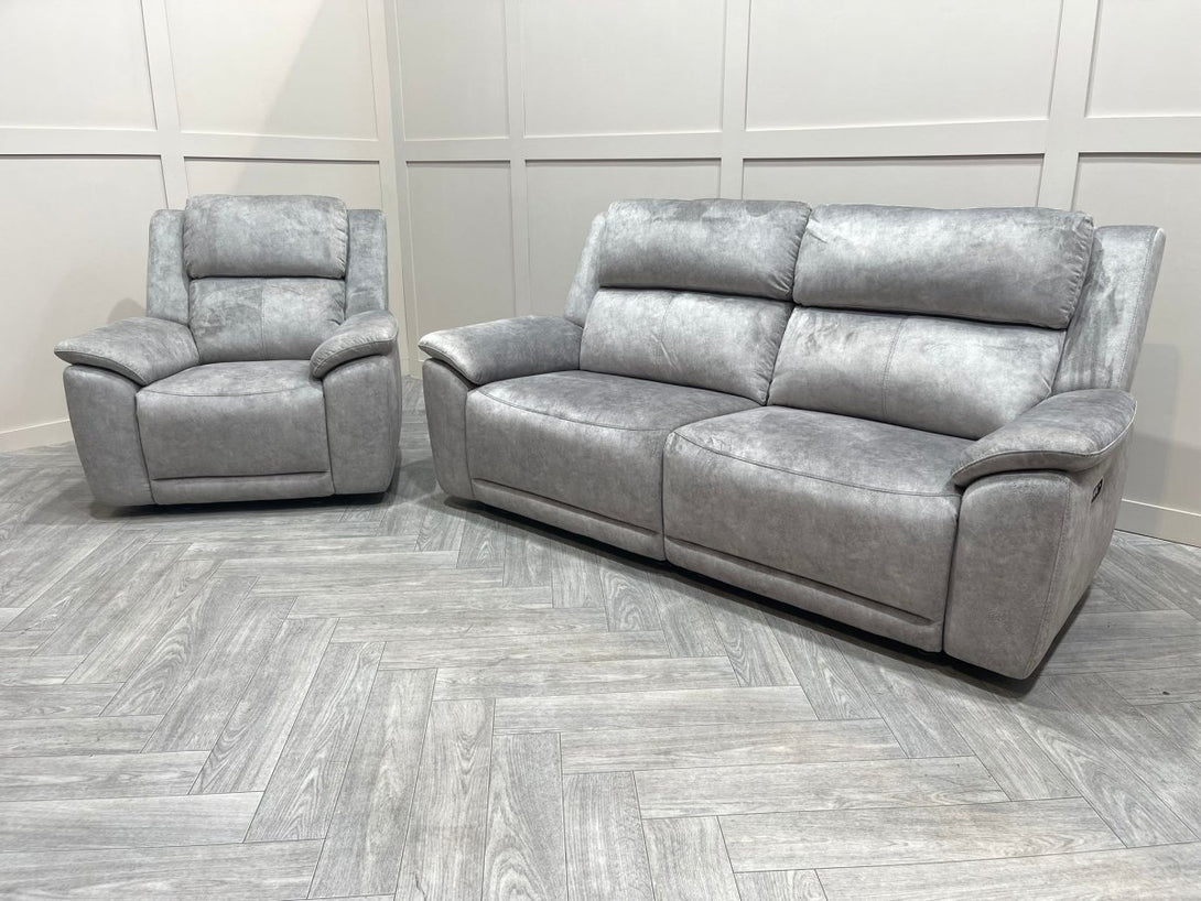 Utah Power Reclining 3 Seater Sofa & Armchair - Power Lumber/Headrests - Silver Grey