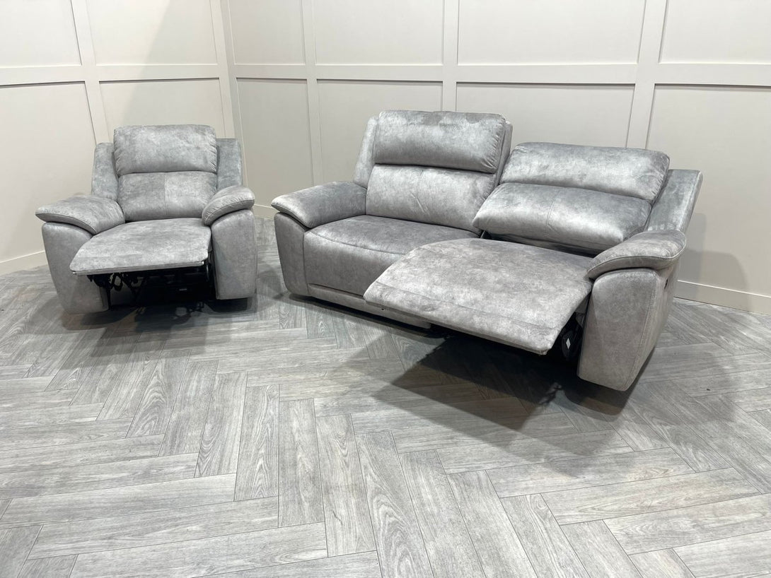 Utah Power Reclining 3 Seater Sofa & Armchair - Power Lumber/Headrests - Silver Grey