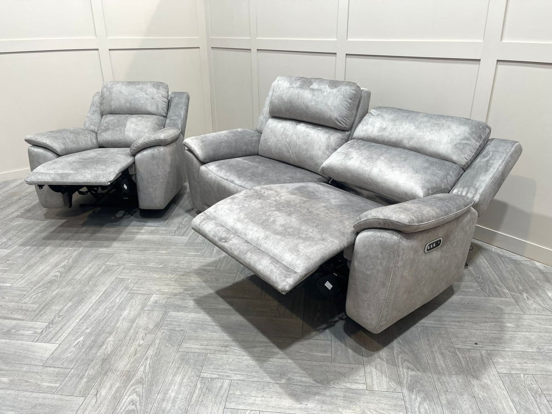 Utah Power Reclining 3 Seater Sofa & Armchair - Power Lumber/Headrests - Silver Grey