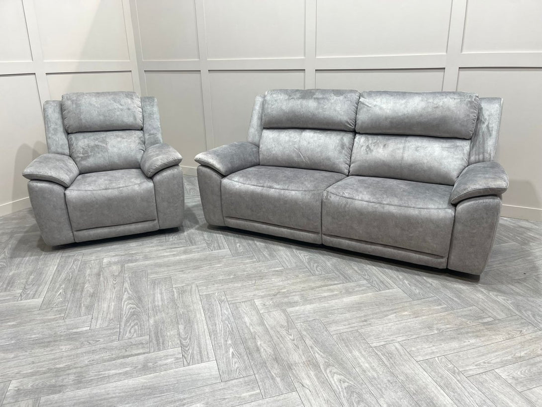 Utah Power Reclining 3 Seater Sofa & Armchair - Power Lumber/Headrests - Silver Grey