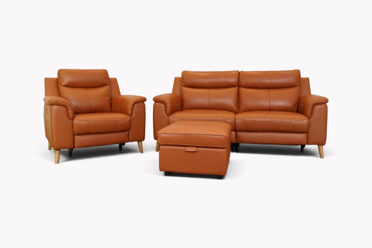 Uxbridge Leather Power Reclining 3 Seater, Armchair & Footstool, Macadamia Cognac Amber