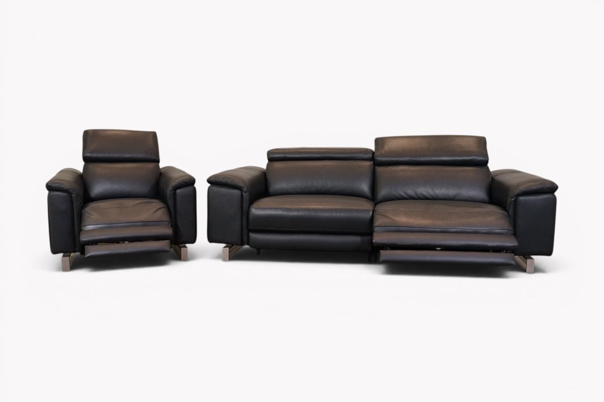 Viserba Leather 4 Seater Power Recliner Sofa & Armchair with Manual Head Tilt, Macadamia Black
